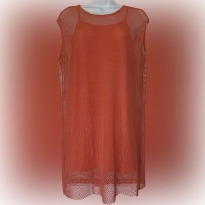 Silence & Noise 2 piece bright coral orange fishnet dress with jersey knit slip